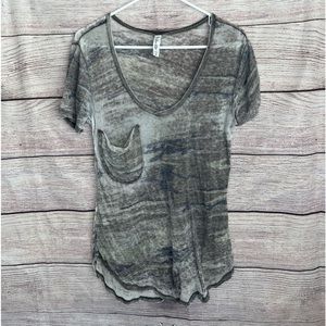 Camo Print acid wash sheer v neck top sz M